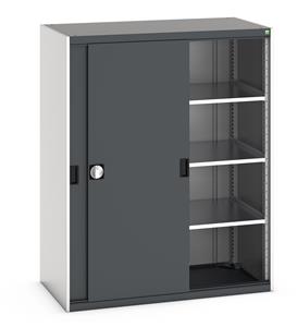 Bott cubio cupboard with lockable sliding doors 1600mm high x 1300mm wide x 650mm deep and supplied with 3 x 160kg capacity shelves.   Ideal for areas with limited space where standard outward opening doors would not be suitable.... Bott Cubio Sliding Solid Door Cupboards with shelves and drawers 1600mm high option available